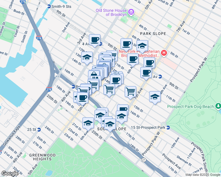 map of restaurants, bars, coffee shops, grocery stores, and more near 251 15th Street in Brooklyn