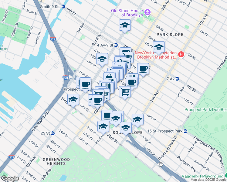 map of restaurants, bars, coffee shops, grocery stores, and more near 240 15th Street in Brooklyn