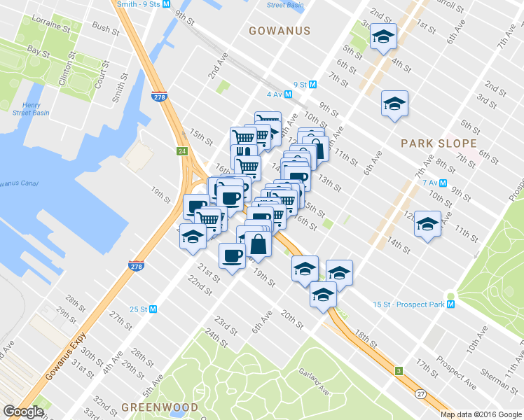 map of restaurants, bars, coffee shops, grocery stores, and more near 201 Prospect Avenue in Brooklyn