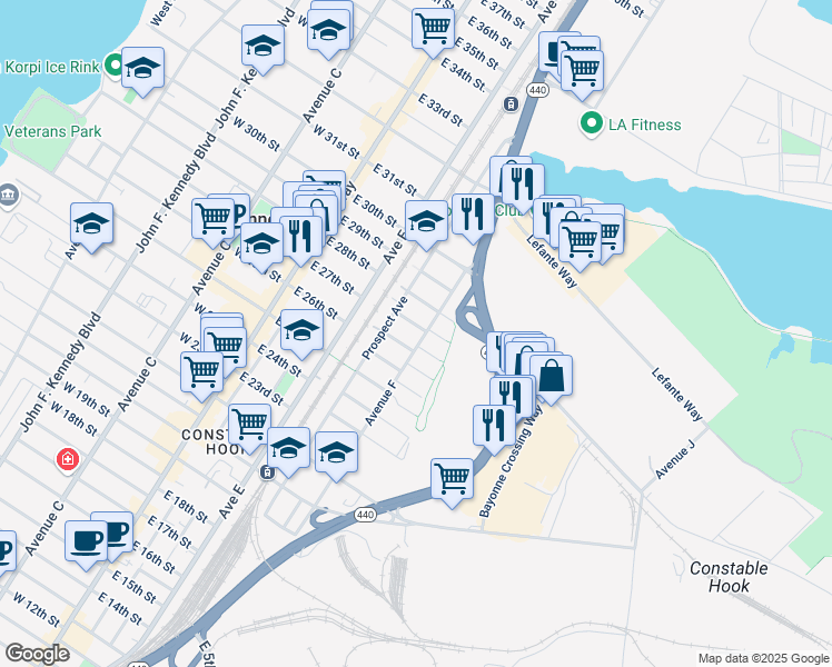 map of restaurants, bars, coffee shops, grocery stores, and more near 232 Avenue F in Bayonne