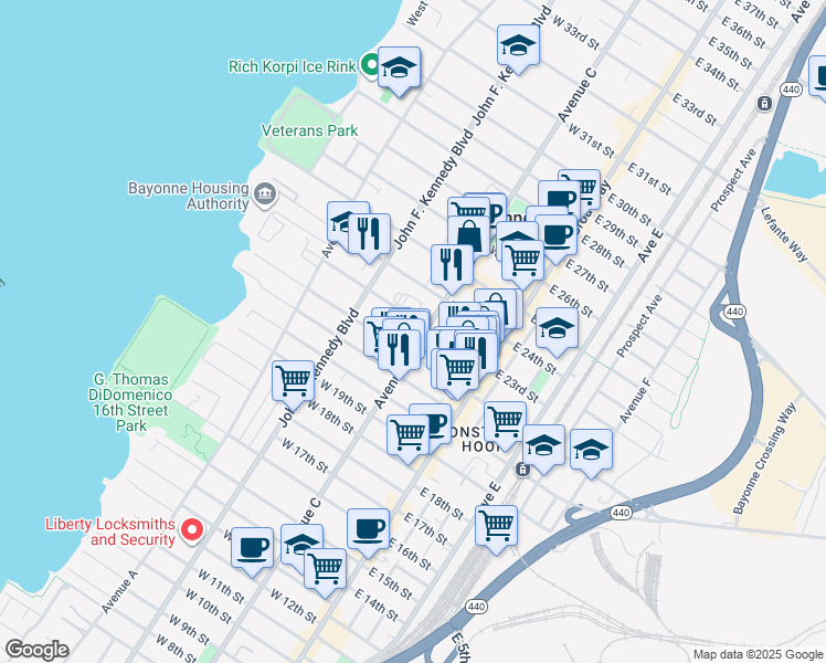 map of restaurants, bars, coffee shops, grocery stores, and more near 515 Avenue C in Bayonne