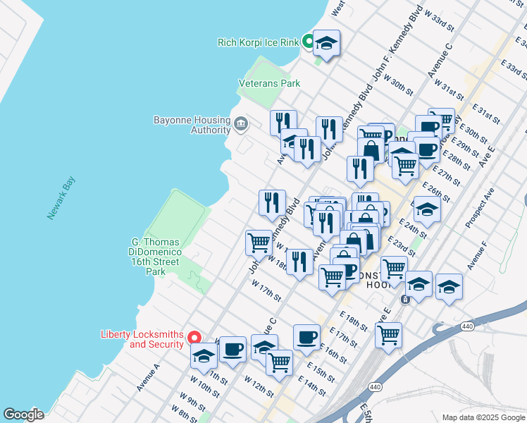 map of restaurants, bars, coffee shops, grocery stores, and more near 133 West 20th Street in Bayonne