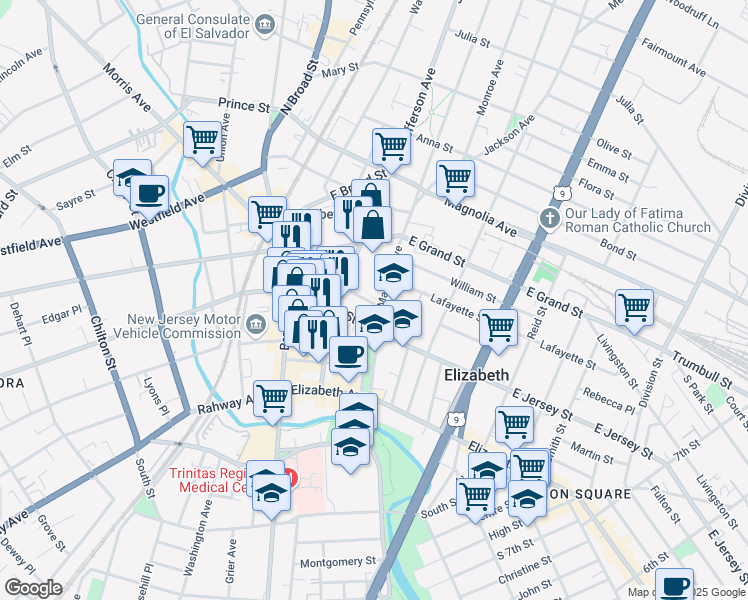 map of restaurants, bars, coffee shops, grocery stores, and more near 120 Madison Avenue in Elizabeth