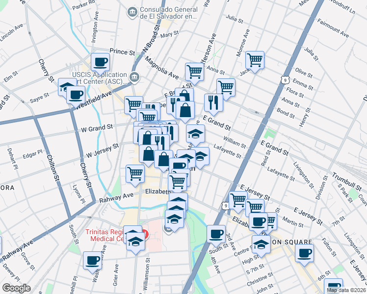 map of restaurants, bars, coffee shops, grocery stores, and more near 120 Madison Avenue in Elizabeth