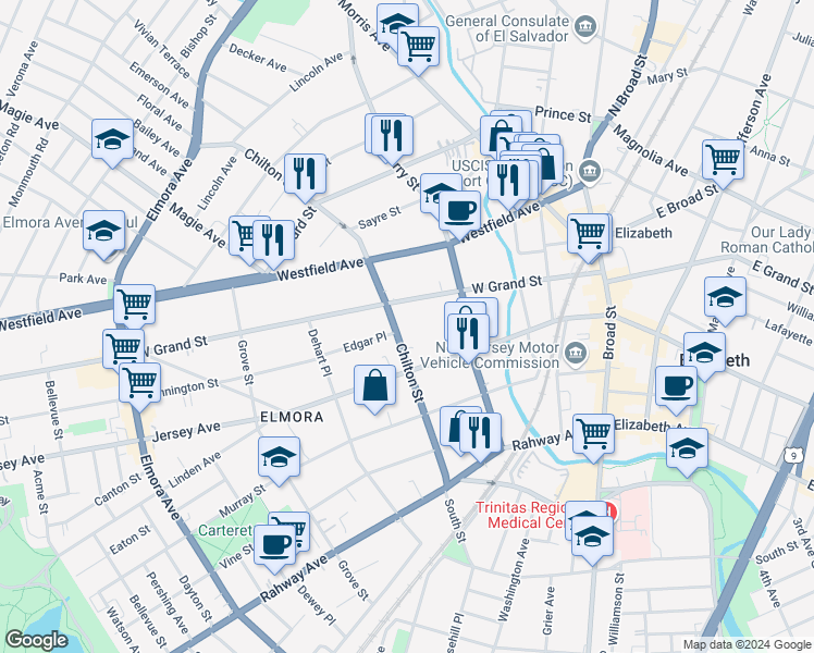 map of restaurants, bars, coffee shops, grocery stores, and more near 139 Chilton Street in Elizabeth
