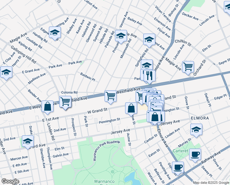 map of restaurants, bars, coffee shops, grocery stores, and more near 744 Westfield Avenue in Elizabeth