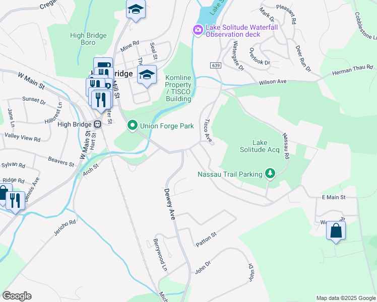 map of restaurants, bars, coffee shops, grocery stores, and more near 5 East Main Street in High Bridge