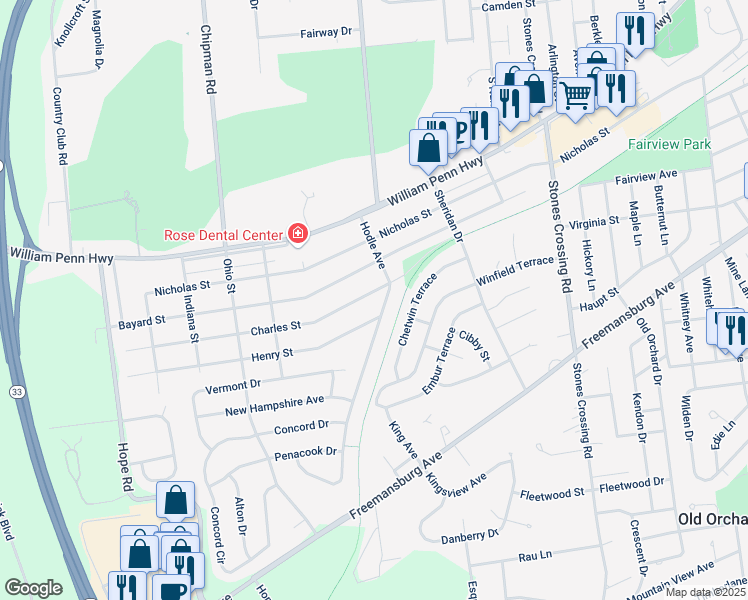 map of restaurants, bars, coffee shops, grocery stores, and more near 4430 Charles Street in Easton