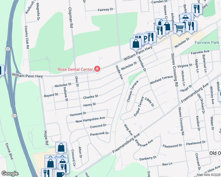map of restaurants, bars, coffee shops, grocery stores, and more near 4470 Bayard Street in Easton