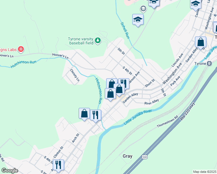 map of restaurants, bars, coffee shops, grocery stores, and more near 201 Jefferson Avenue in Tyrone