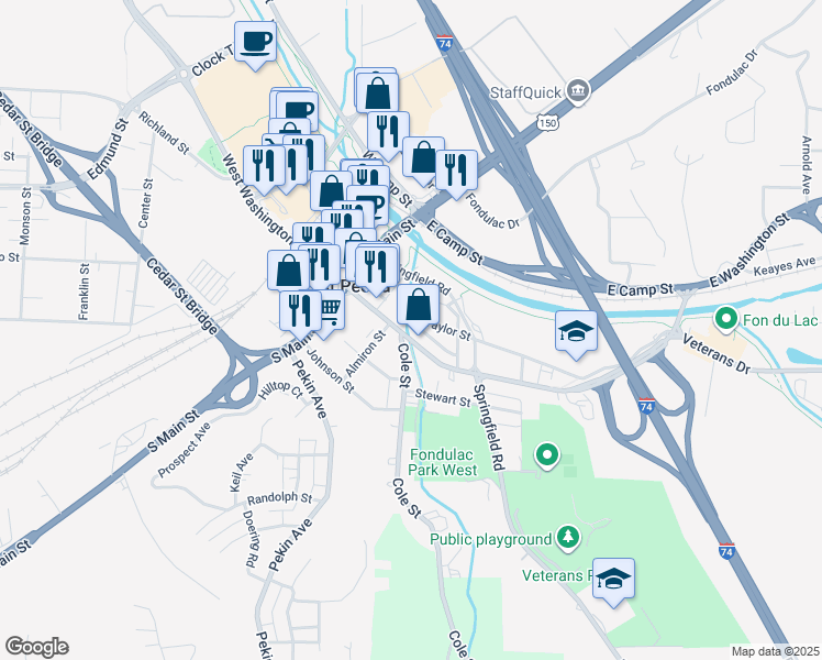 map of restaurants, bars, coffee shops, grocery stores, and more near 323 McKinley Street in East Peoria