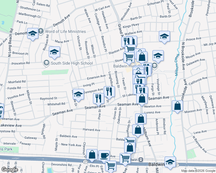 map of restaurants, bars, coffee shops, grocery stores, and more near 1869 Harte Street in Baldwin