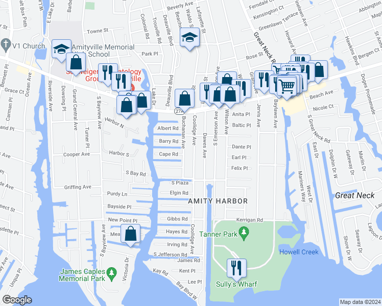 map of restaurants, bars, coffee shops, grocery stores, and more near 39 Coolidge Avenue in Amityville