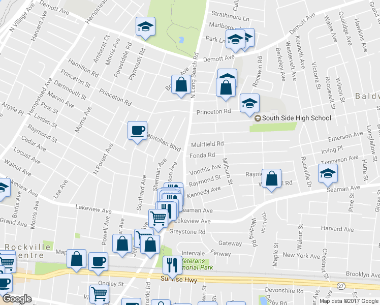 map of restaurants, bars, coffee shops, grocery stores, and more near 9 Fonda Road in Rockville Centre