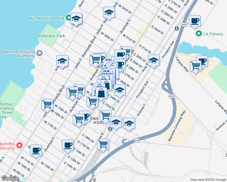 map of restaurants, bars, coffee shops, grocery stores, and more near 16 East 25th Street in Bayonne