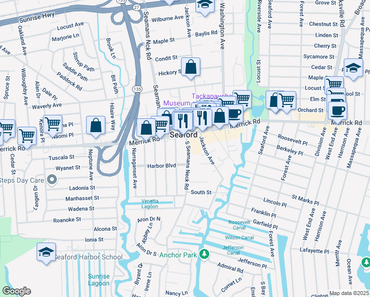 map of restaurants, bars, coffee shops, grocery stores, and more near 2296 South Seamans Neck Road in Seaford