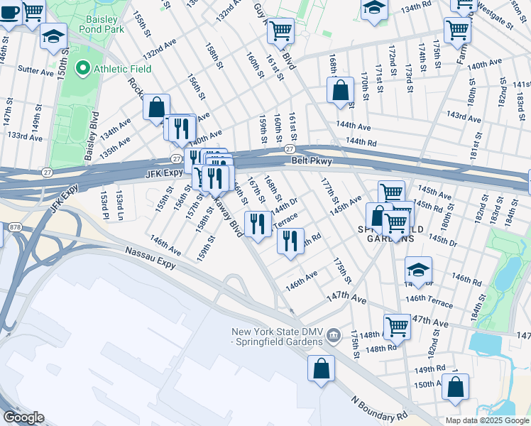 map of restaurants, bars, coffee shops, grocery stores, and more near 166-17 144th Drive in Queens