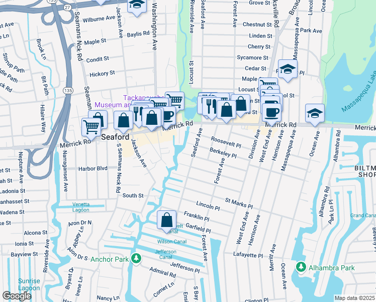 map of restaurants, bars, coffee shops, grocery stores, and more near 3 Mckinley Place in Massapequa