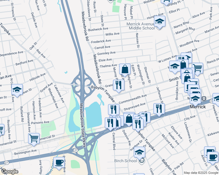 map of restaurants, bars, coffee shops, grocery stores, and more near 1720 Grand Avenue in Merrick