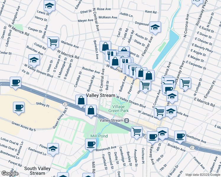 map of restaurants, bars, coffee shops, grocery stores, and more near 10 Hamilton Place in Valley Stream