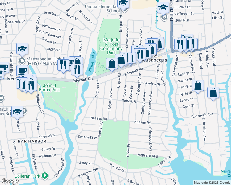 map of restaurants, bars, coffee shops, grocery stores, and more near 75 Unqua Rd in Massapequa