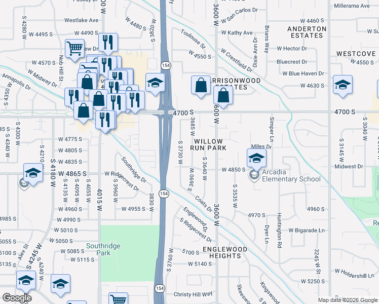 map of restaurants, bars, coffee shops, grocery stores, and more near 4806 South 3685 West in Salt Lake City