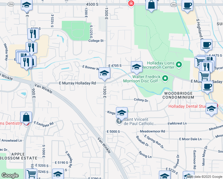 map of restaurants, bars, coffee shops, grocery stores, and more near 1319 East Foxmont Lane in Holladay