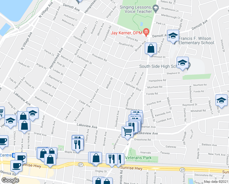 map of restaurants, bars, coffee shops, grocery stores, and more near 197 Brower Avenue in Rockville Centre