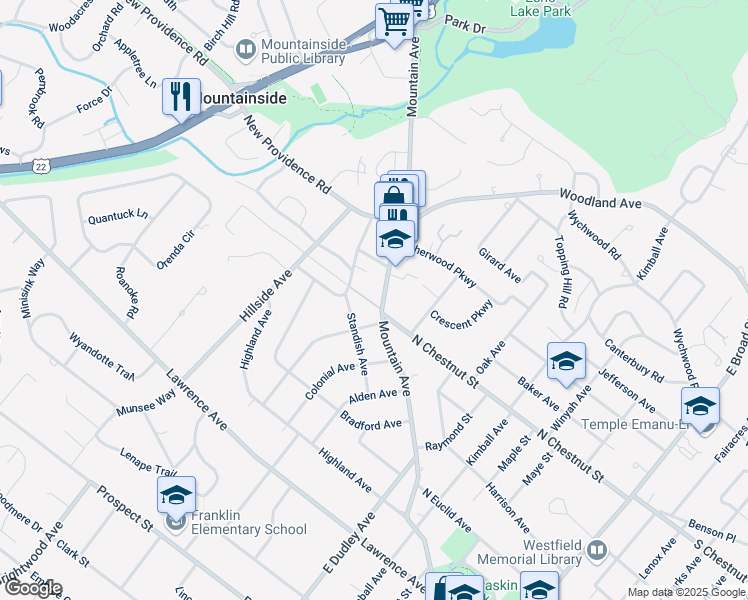map of restaurants, bars, coffee shops, grocery stores, and more near 817 Mountain Avenue in Westfield