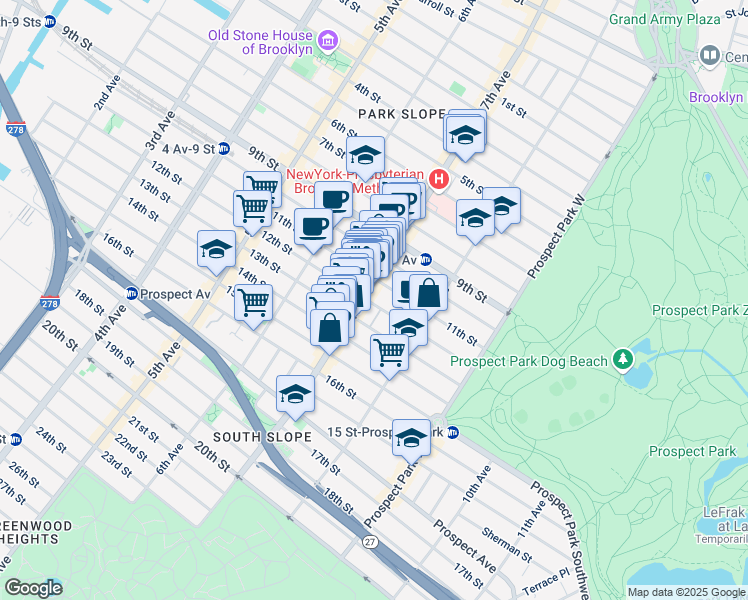 map of restaurants, bars, coffee shops, grocery stores, and more near 389 7th Avenue in Brooklyn