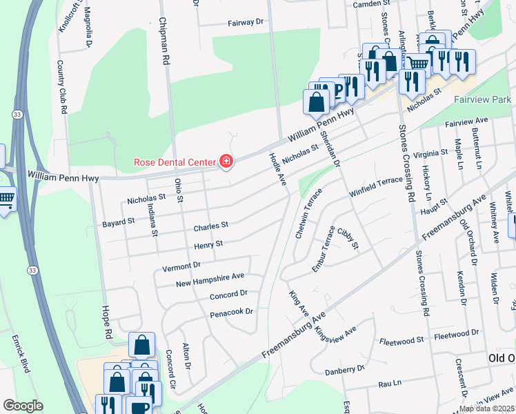 map of restaurants, bars, coffee shops, grocery stores, and more near 4470 Bayard Street in Easton