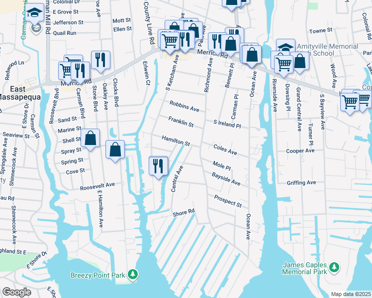 map of restaurants, bars, coffee shops, grocery stores, and more near 3 Central Avenue in Amityville