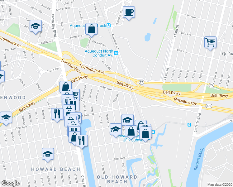 map of restaurants, bars, coffee shops, grocery stores, and more near 155-10 99th Street in Queens