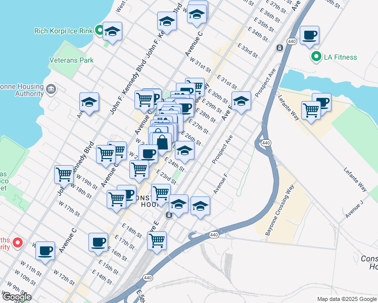map of restaurants, bars, coffee shops, grocery stores, and more near 41 East 25th Street in Bayonne