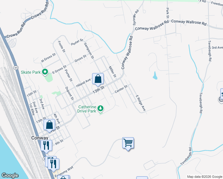 map of restaurants, bars, coffee shops, grocery stores, and more near 1109 Sampson Street in Conway