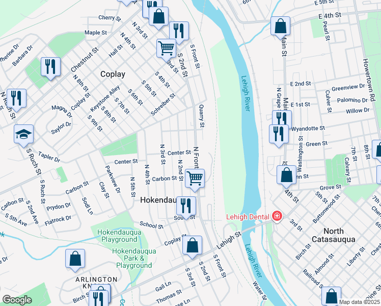 map of restaurants, bars, coffee shops, grocery stores, and more near 3229 Center Street in Hokendauqua