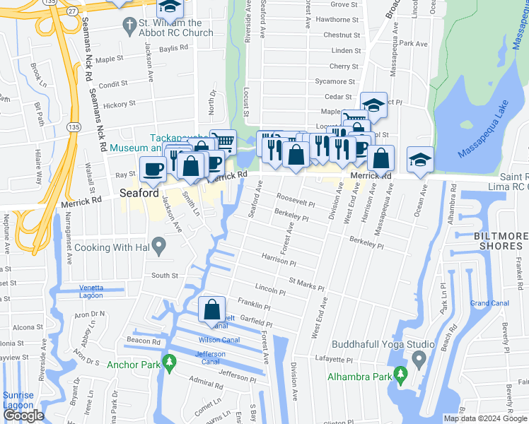 map of restaurants, bars, coffee shops, grocery stores, and more near 44 Berkeley Place in Massapequa