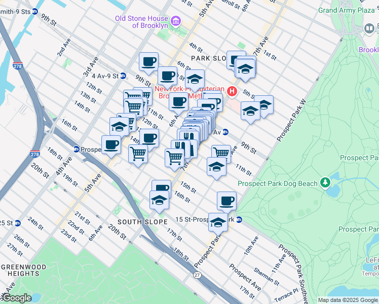 map of restaurants, bars, coffee shops, grocery stores, and more near 389 7th Avenue in Brooklyn