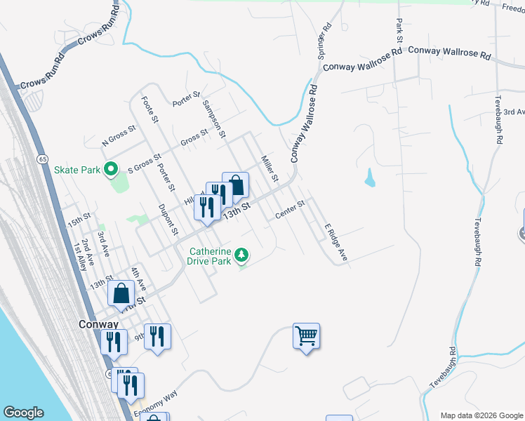 map of restaurants, bars, coffee shops, grocery stores, and more near 1109 Sampson Street in Conway