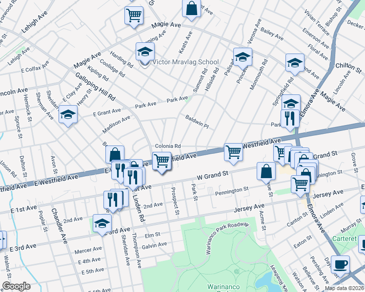 map of restaurants, bars, coffee shops, grocery stores, and more near 3 Hillside Road in Elizabeth