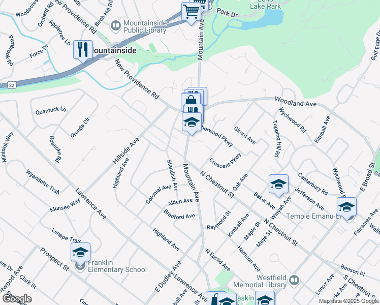 map of restaurants, bars, coffee shops, grocery stores, and more near 810 Mountain Avenue in Westfield