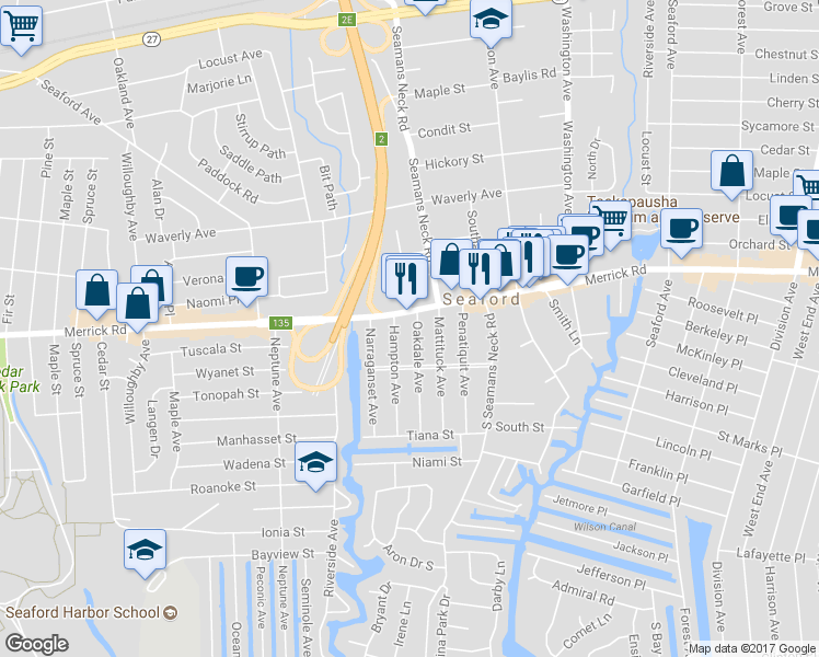 map of restaurants, bars, coffee shops, grocery stores, and more near 2292 Oakdale Avenue in Seaford