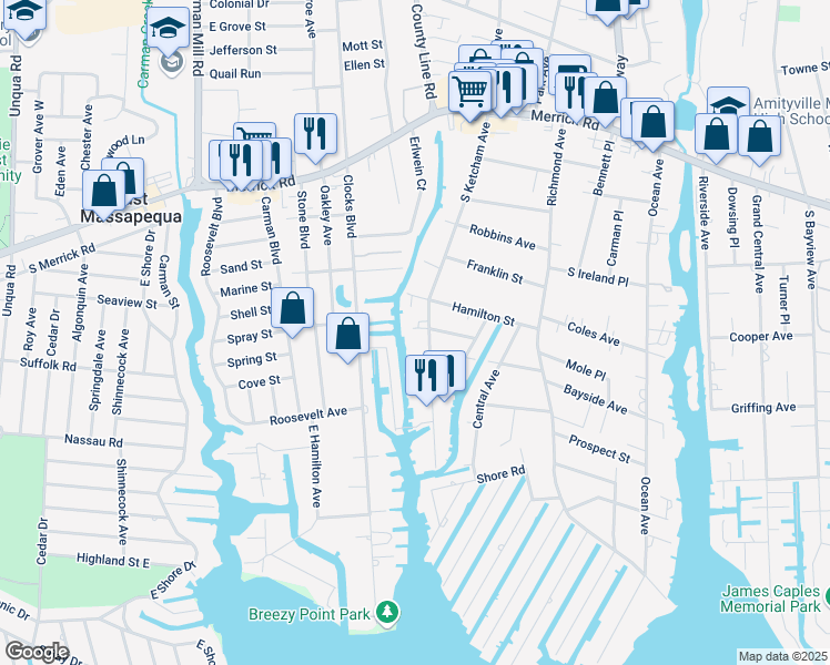 map of restaurants, bars, coffee shops, grocery stores, and more near 193 South Ketcham Avenue in Amityville