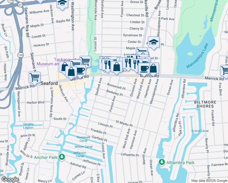 map of restaurants, bars, coffee shops, grocery stores, and more near 97 Berkeley Place in Massapequa