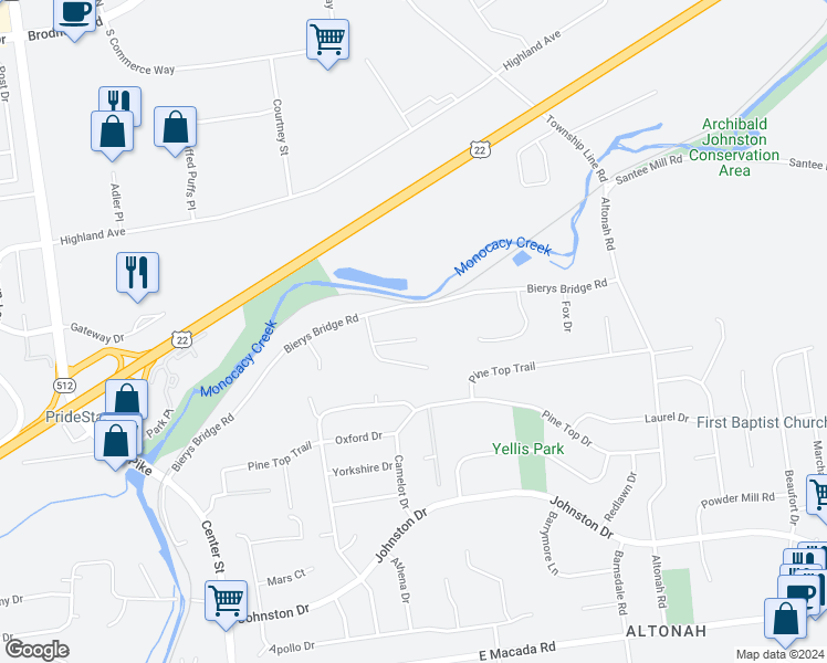 map of restaurants, bars, coffee shops, grocery stores, and more near 435 North Pine Top Place in Bethlehem