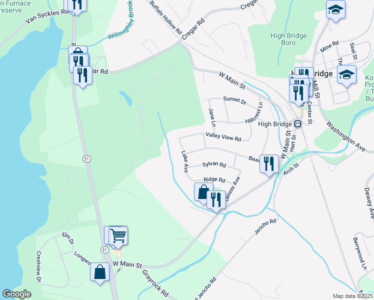 map of restaurants, bars, coffee shops, grocery stores, and more near 74 Beavers Street in High Bridge