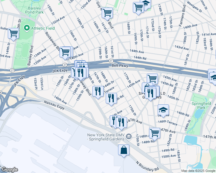 map of restaurants, bars, coffee shops, grocery stores, and more near 168-03 144th Terrace in Queens