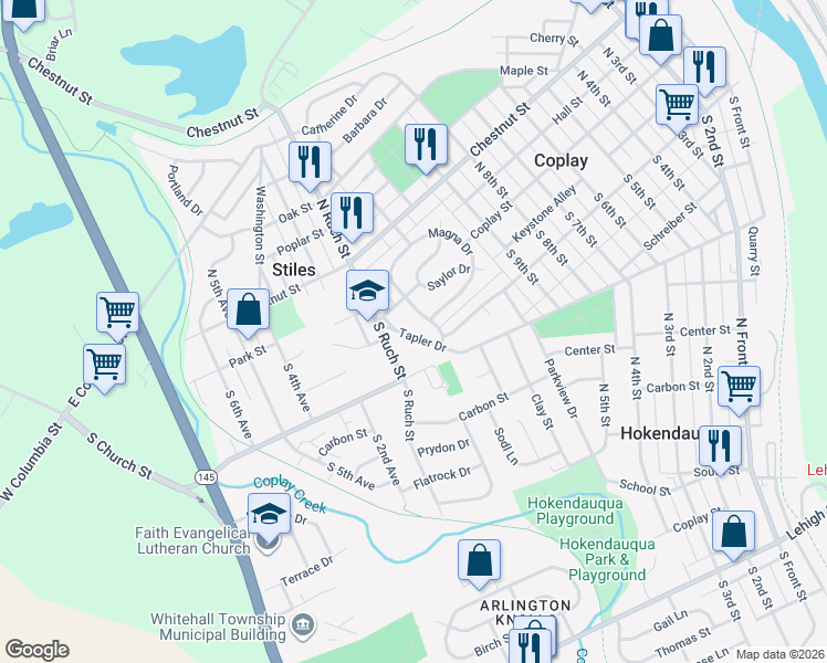 map of restaurants, bars, coffee shops, grocery stores, and more near 19 Tapler Drive in Coplay