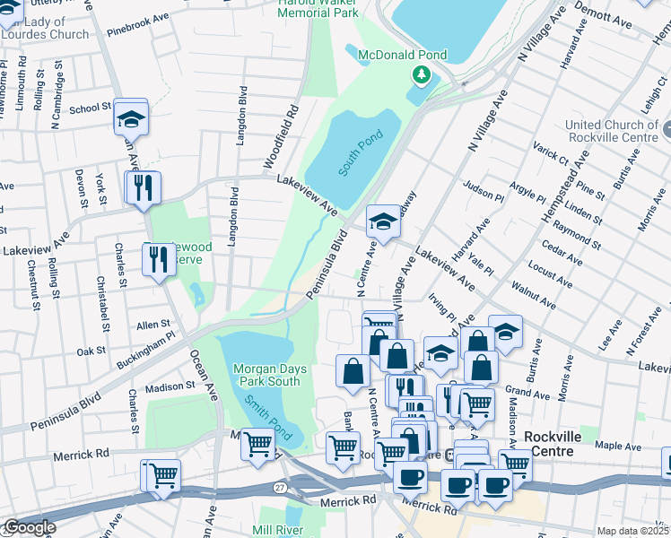map of restaurants, bars, coffee shops, grocery stores, and more near 7 Parkwood Court in Rockville Centre