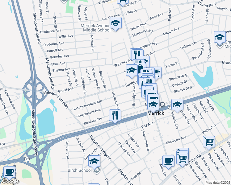 map of restaurants, bars, coffee shops, grocery stores, and more near 2135 Jefferson Street in Merrick